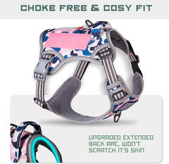 BUMBIN pink camo XS harness shows front clip no-pull control.
