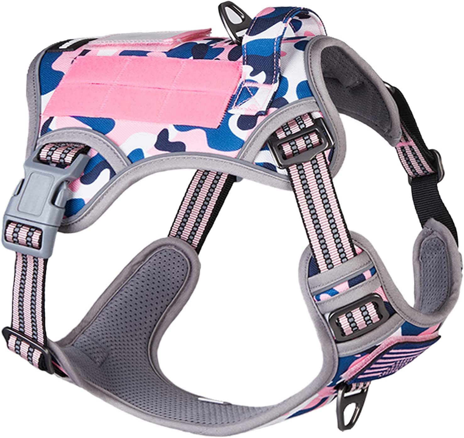 BUMBIN Tactical Dog Harness pink camo XS on dog with quick on-off nesting buckle.