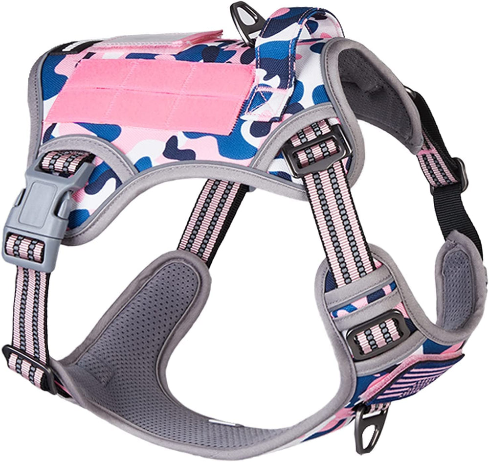 BUMBIN Tactical Dog Harness pink camo XS on dog with quick on-off nesting buckle.