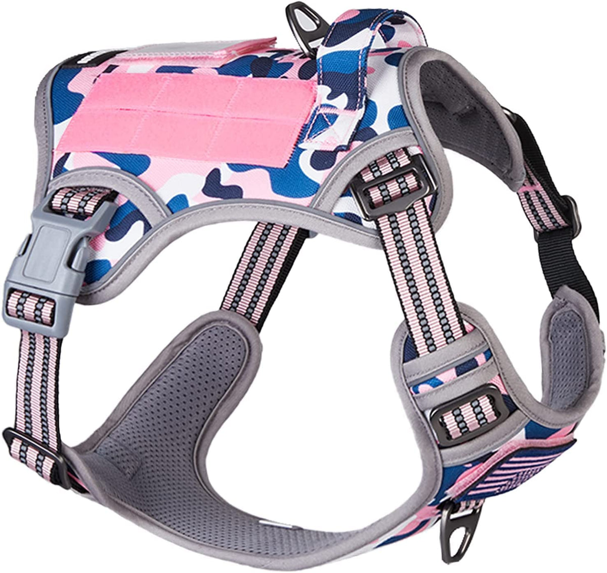 BUMBIN Tactical Dog Harness pink camo XS on dog with quick on-off nesting buckle.