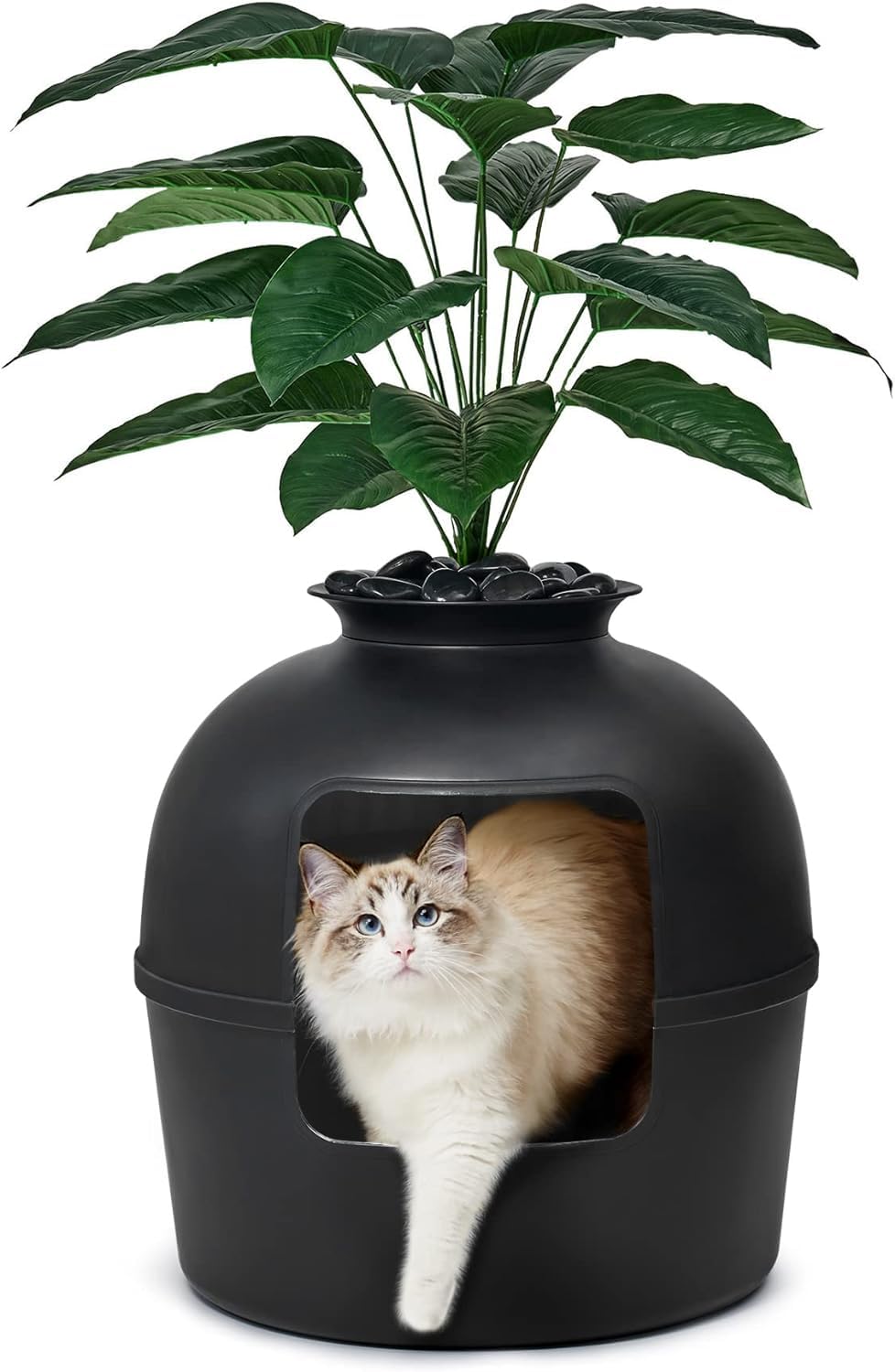 Bundle & Bliss Secret Litter Box matte-black exterior hides the litter box for privacy.