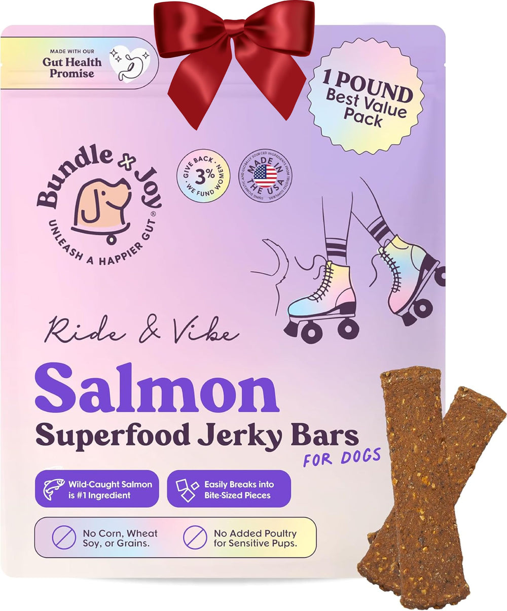 Bundle x Joy Ride & Vibe Salmon Jerky bag front highlights grain-free dog treats for all sizes.