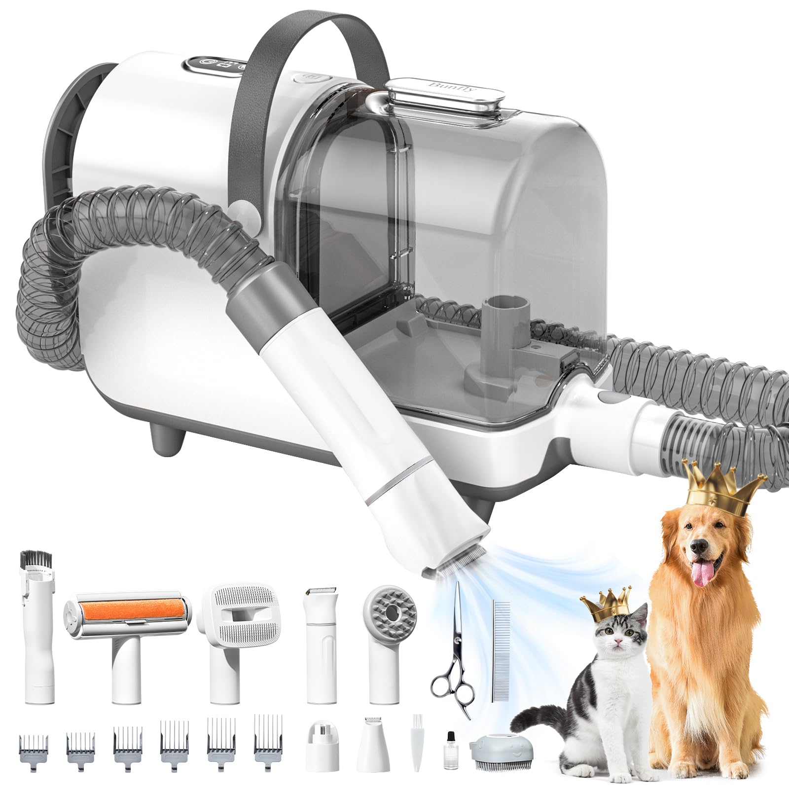 Bunfly Dog Grooming Kit collection features a sleek unit with a large 3L dust cup for hair.