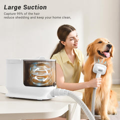 Bunfly low-noise operation shown during pet grooming for calmer sessions.