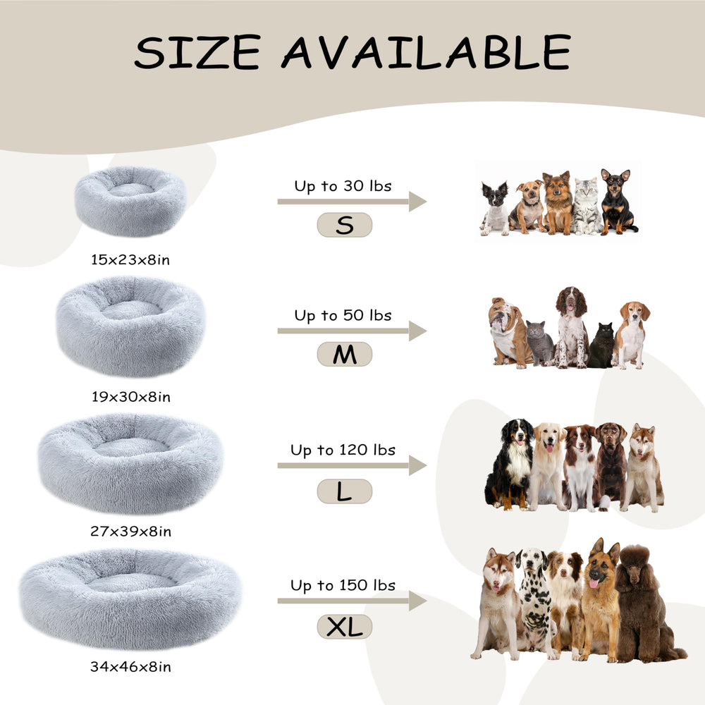 Bunlitent donut bed size chart illustrating small to extra-large options.