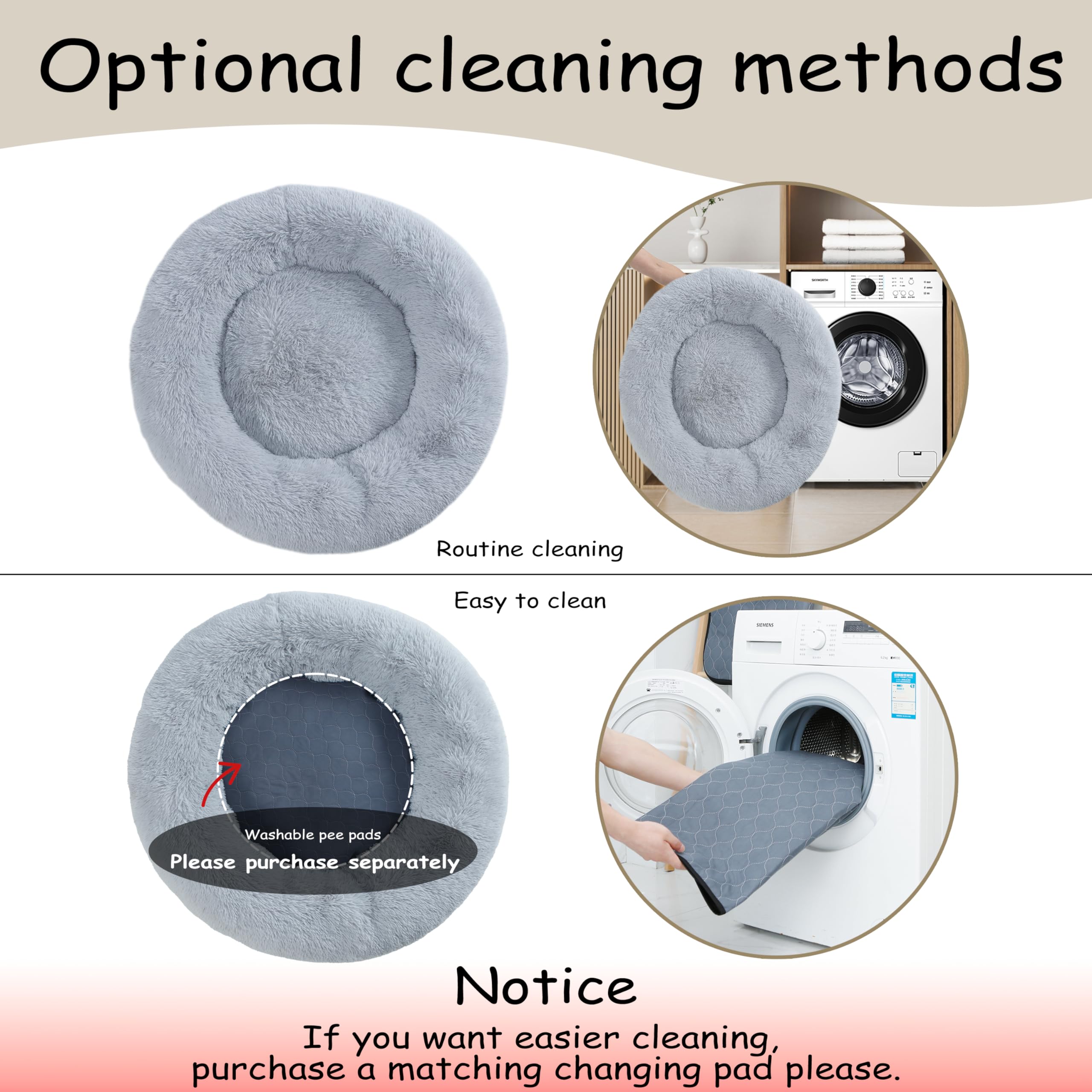 Bunlitent donut bed wash care demonstrating easy cold wash and low tumble dry.