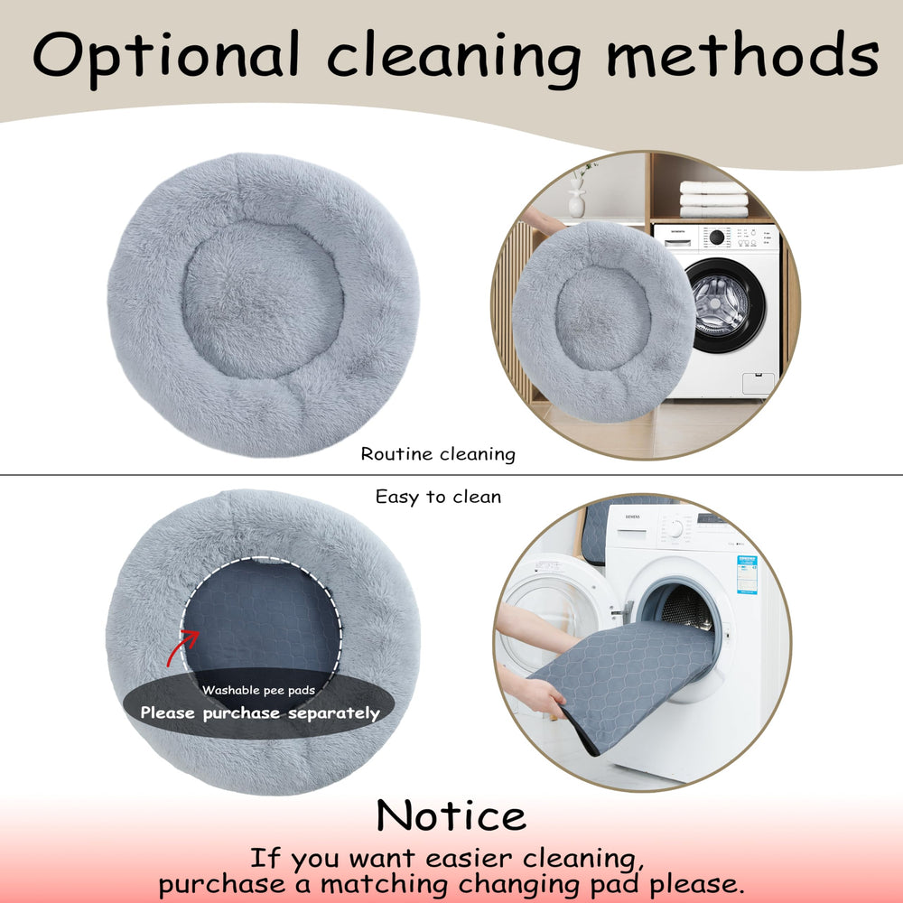 Bunlitent donut bed wash care demonstrating easy cold wash and low tumble dry.