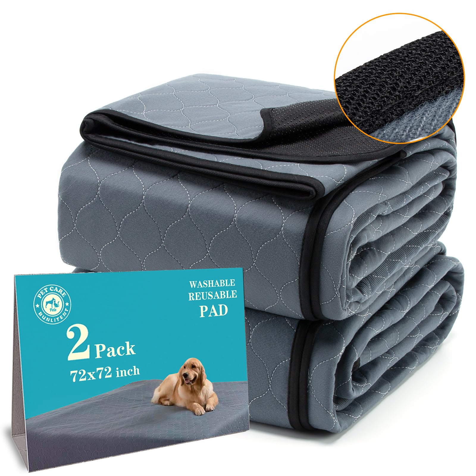 Bunlitent washable pee pad front view shows the large 72x72 surface for training