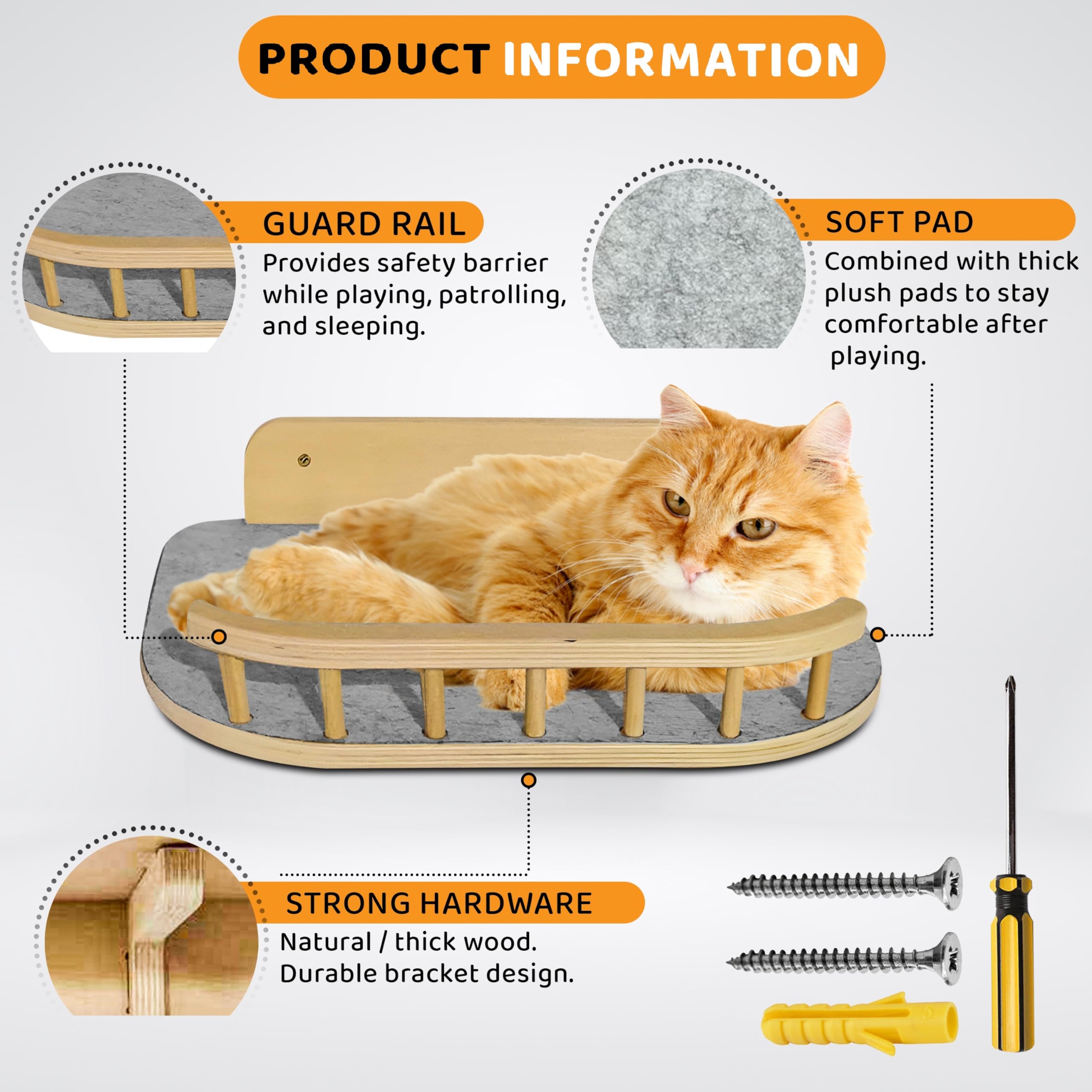 BUOGA Cat Wall Shelves cushioned perch features washable cushion for easy cleanups.