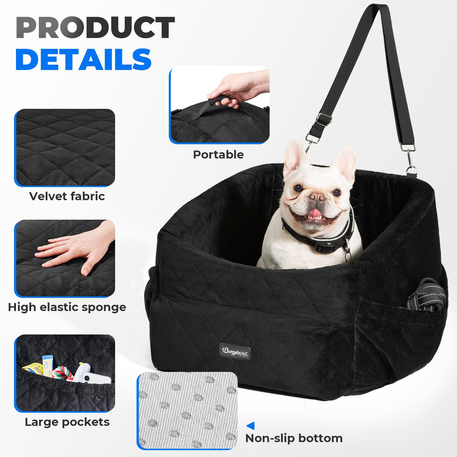 BurgeonNest dog car seat reinforced safety strap enhances in-car stability
