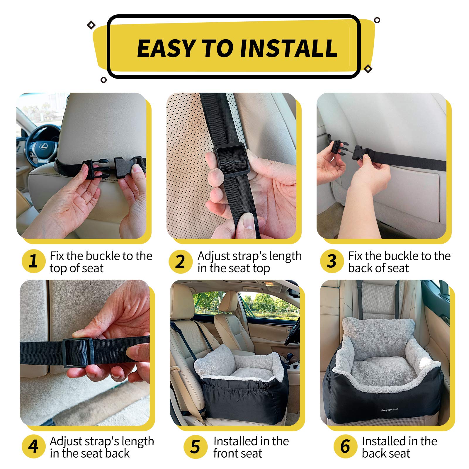 BurgeonNest dog car seat easy to install in front or back seat.
