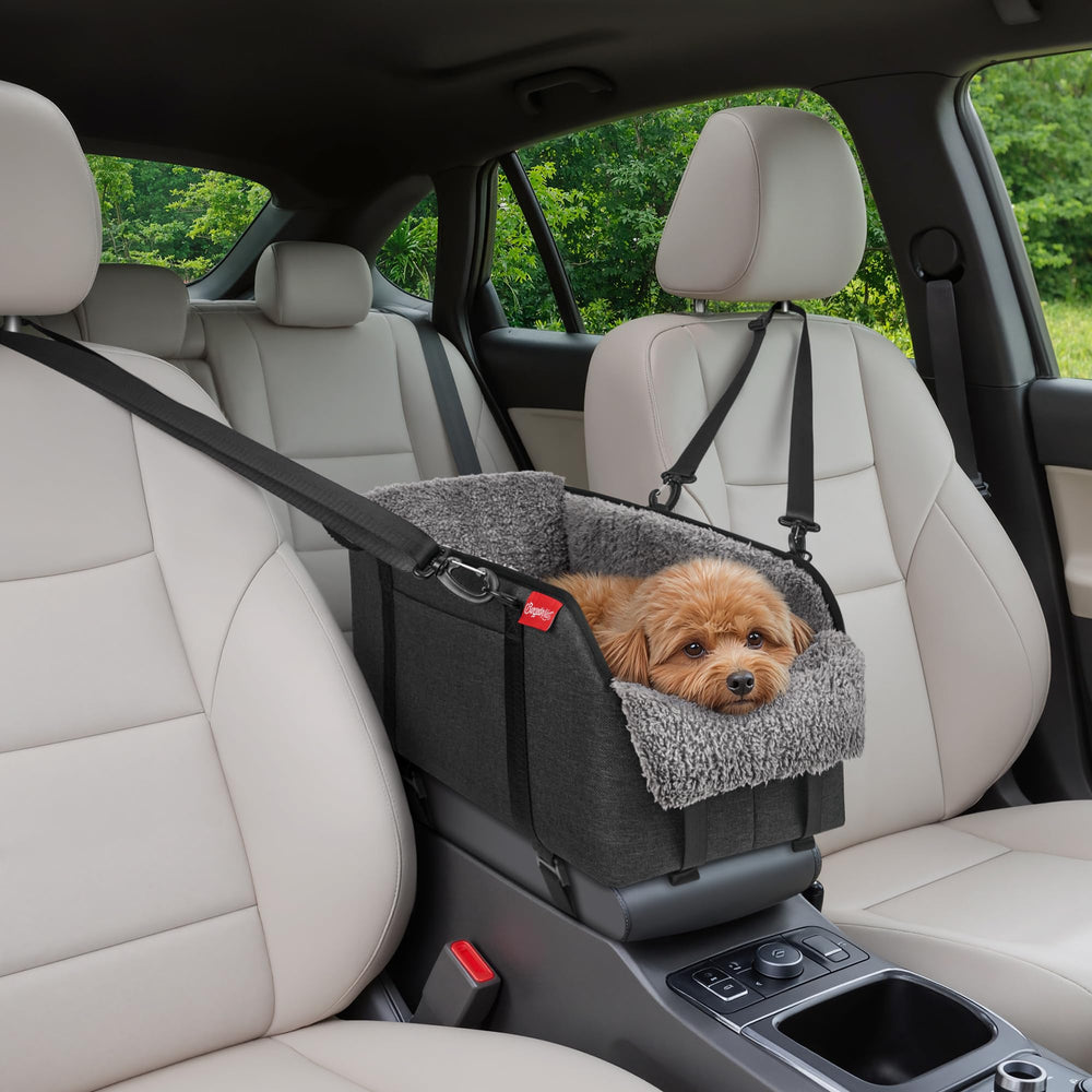 BurgeonNest center console seat gray shows secure straps for stable car travel