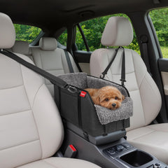 BurgeonNest center console seat gray shows secure straps for stable car travel