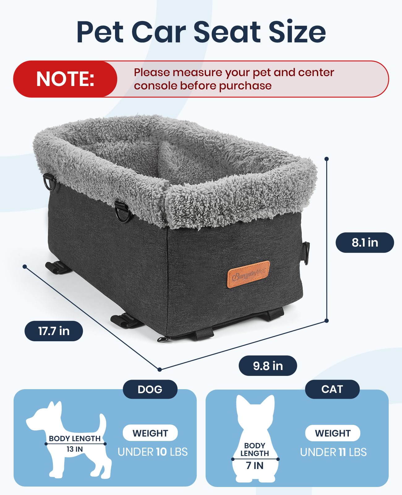 BurgeonNest armrest small dog car seat, front panel plush wrap supports head comfort.