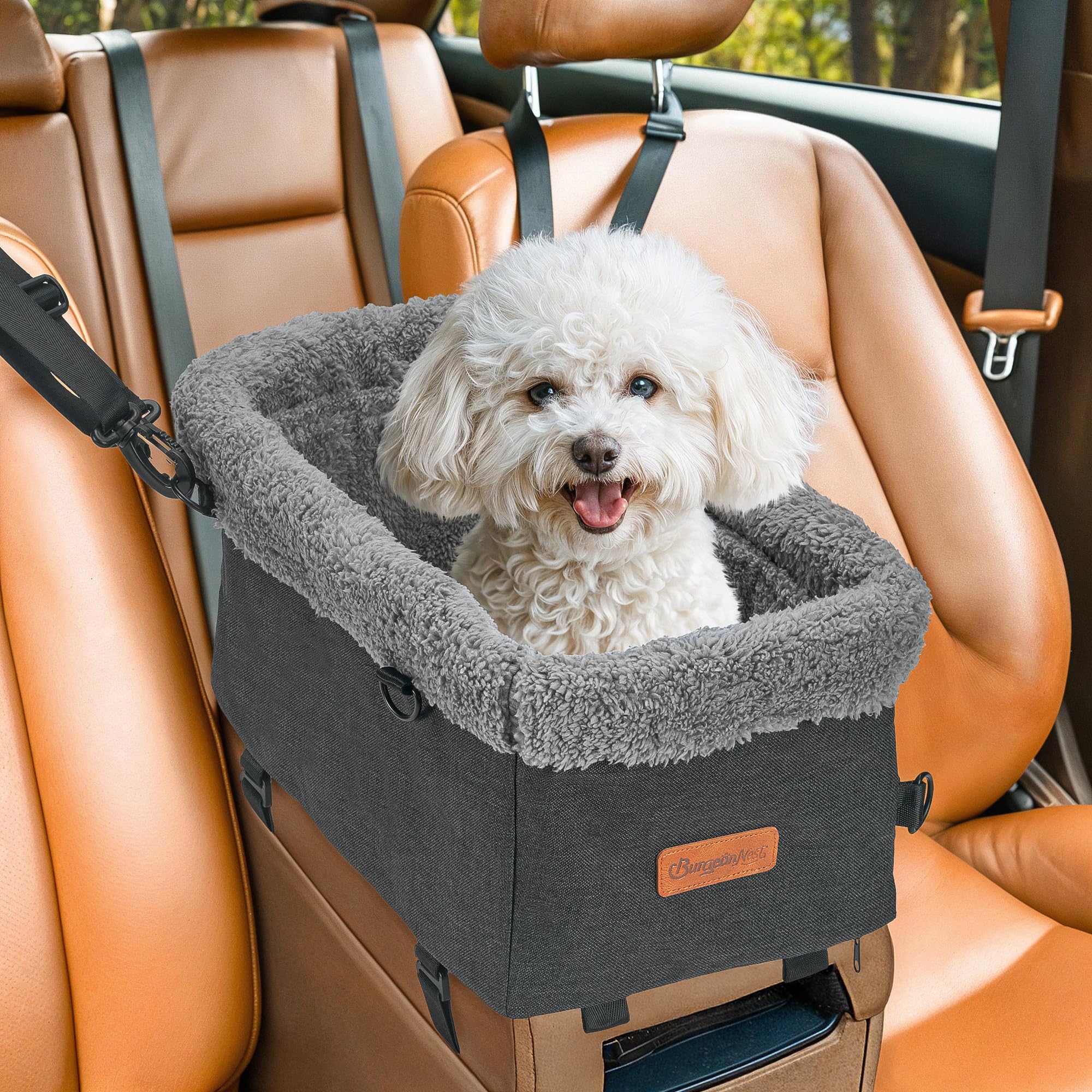 BurgeonNest armrest small dog car seat, metal frame, for secure travel stability.