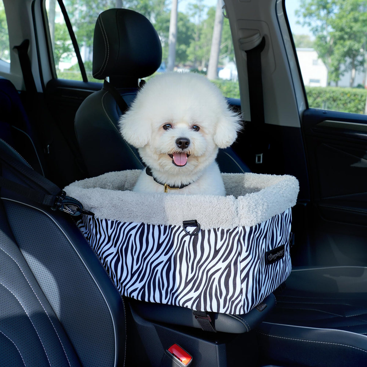 BurgeonNest center-console dog car seat with metal frame offers sturdy in-car support
