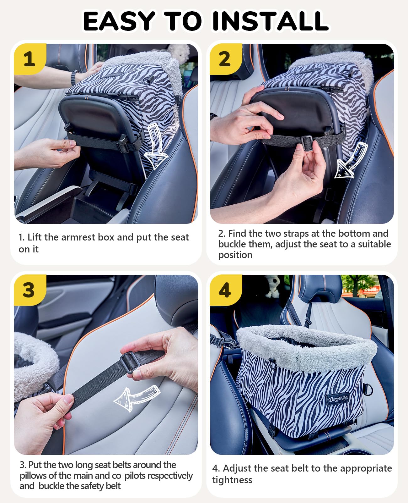 BurgeonNest zebra-print center-console seat adds style and secure travel