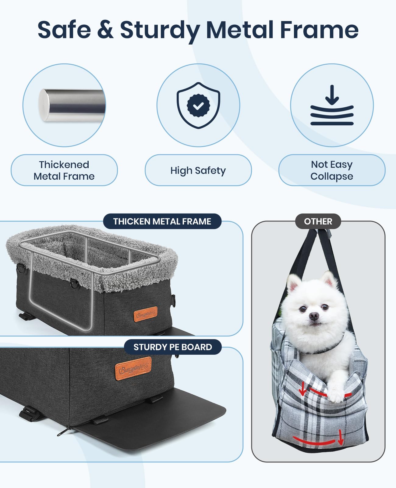 BurgeonNest dog car seat, removable plush cushion for cozy on-the-go rides.