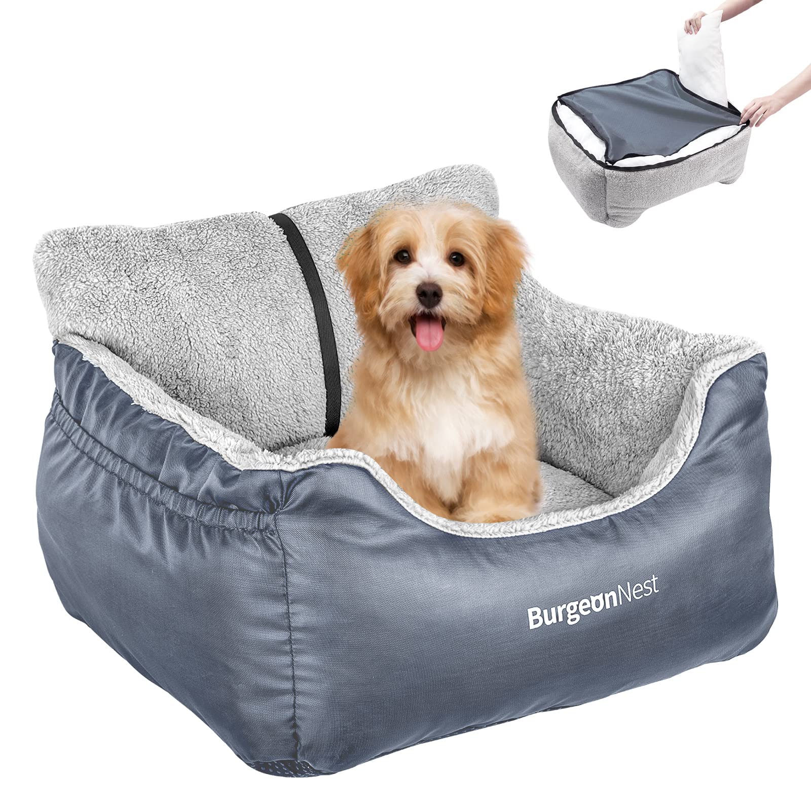 BurgeonNest dog car seat front view with secure small-dog travel setup