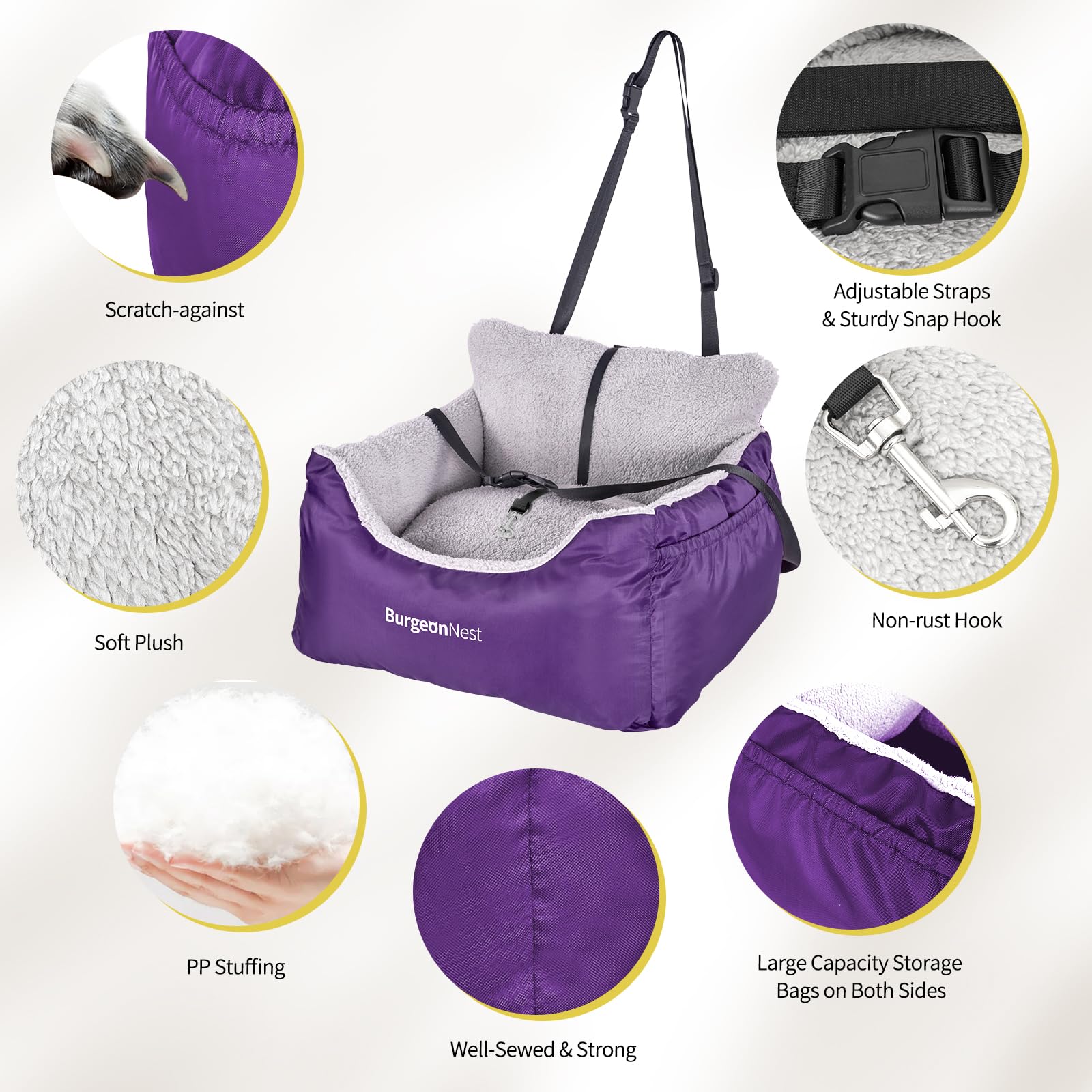 BurgeonNest purple portable travel bed for small pets with clip-on leash