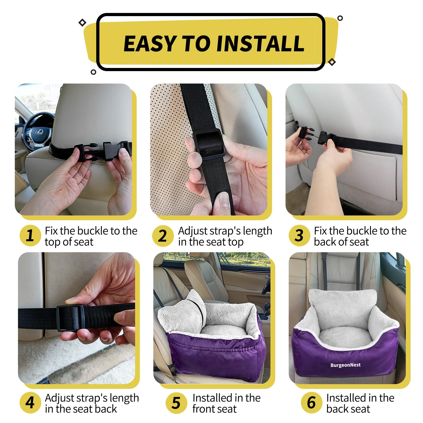 BurgeonNest purple car-seat installation with adjustable straps for fit