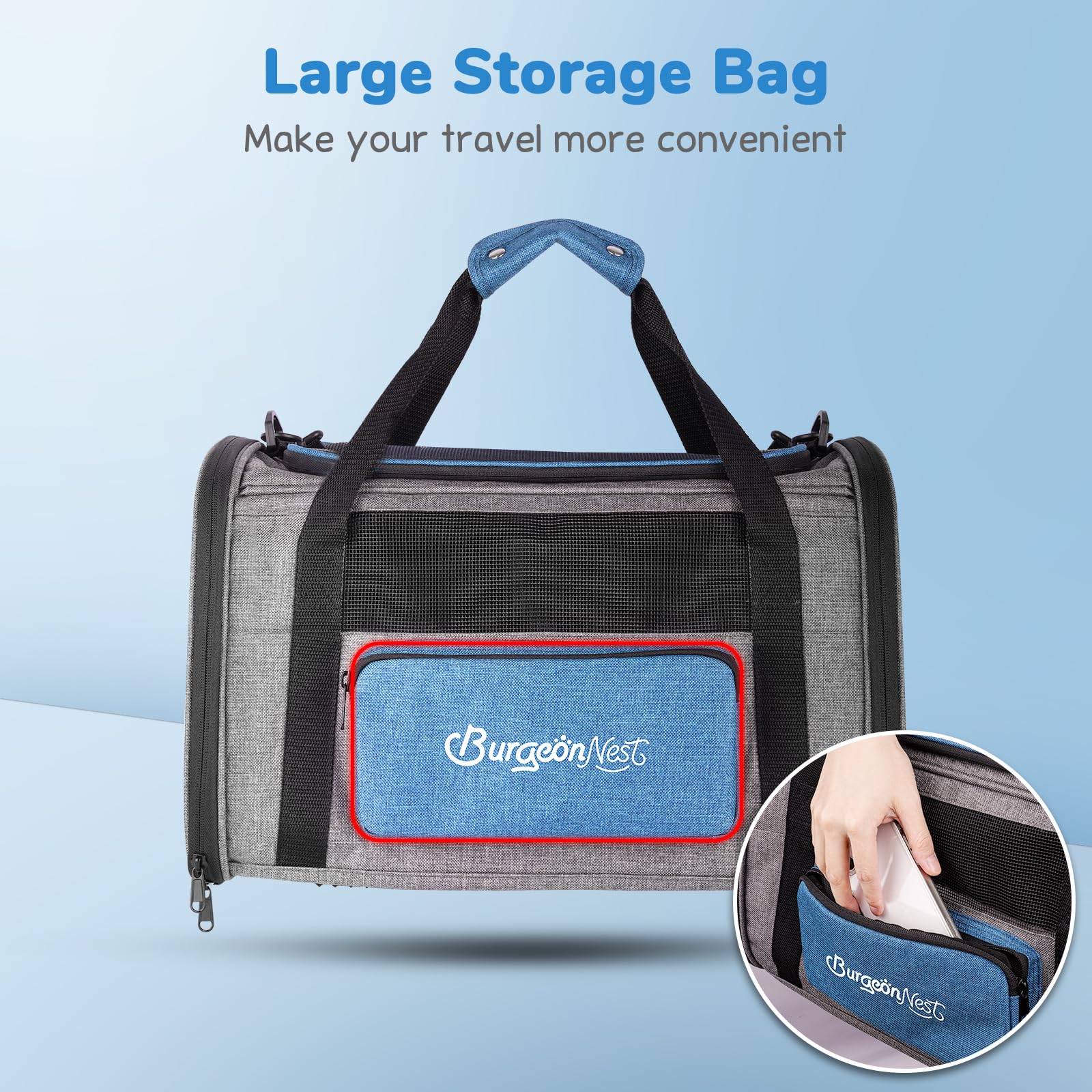 BurgeonNest large side bag offers convenient storage for accessories.