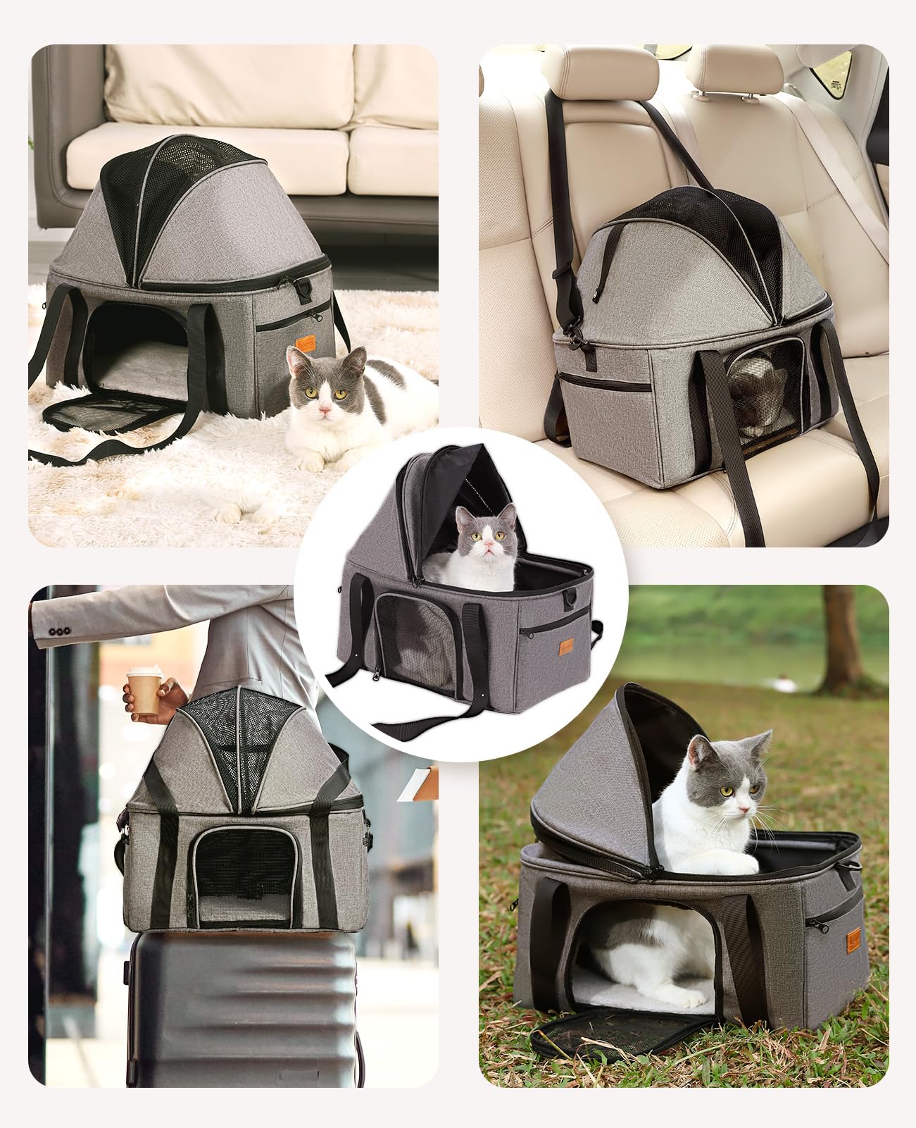 BurgeonNest top-expandable cat carrier safety leash and pockets for secure travel and storage.