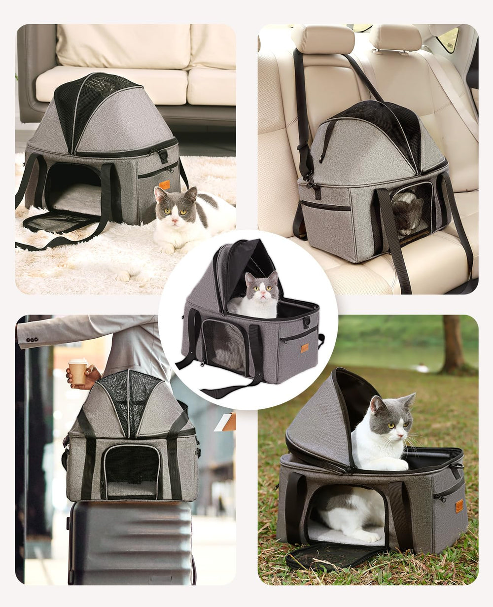 BurgeonNest top-expandable cat carrier safety leash and pockets for secure travel and storage.