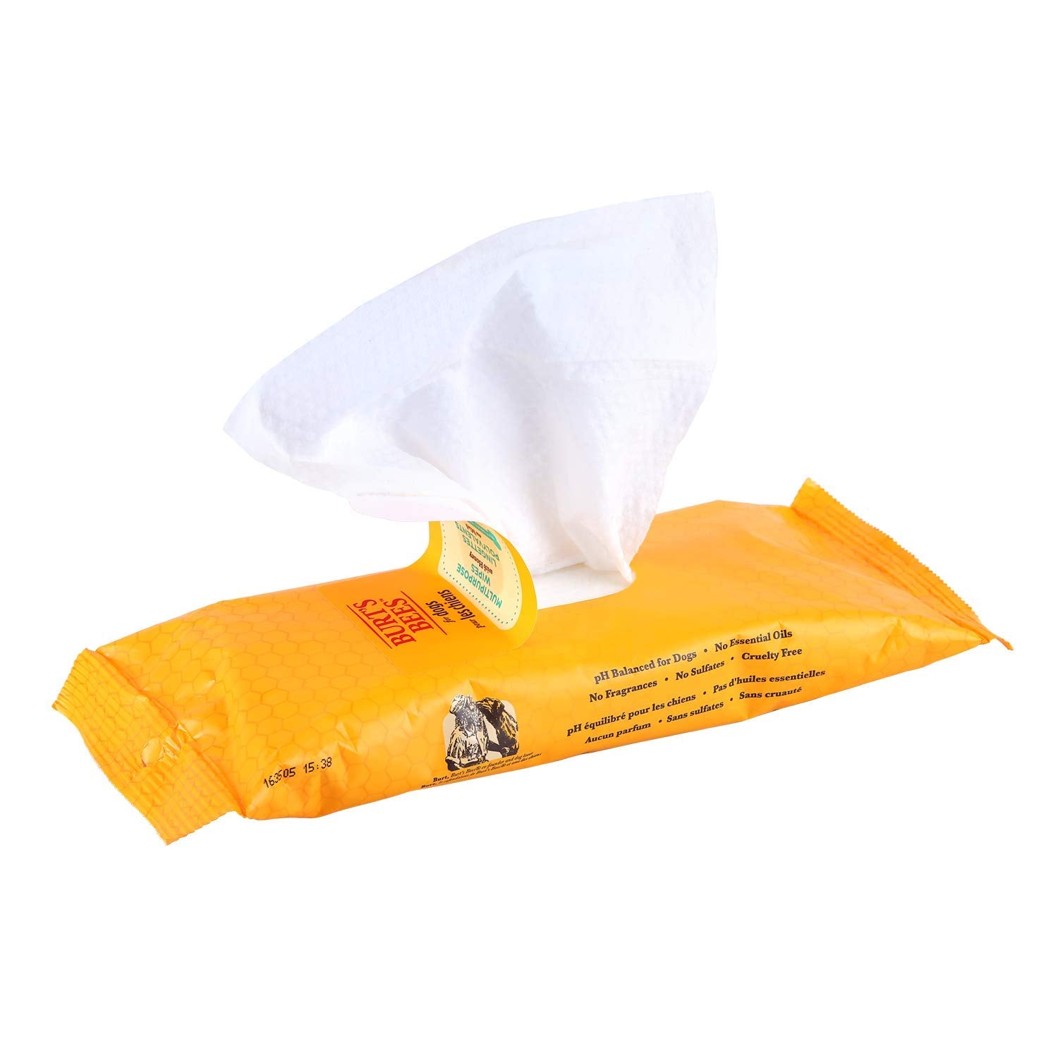 Burt's Bees for Pets dog wipes used on paw for mess-free cleanup.