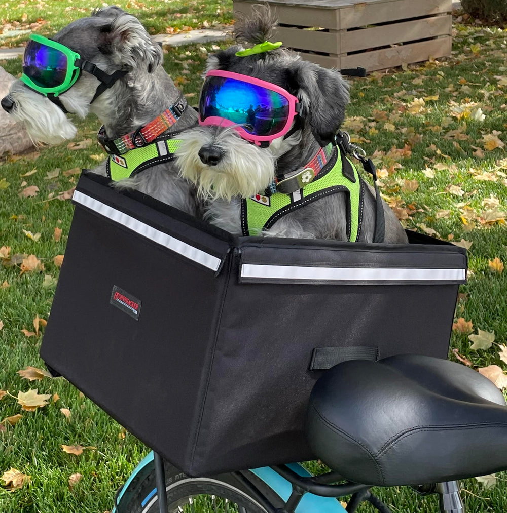 Bushwhacker Portland dog carrier front view with secure straps for stable rides.