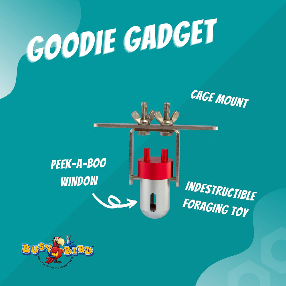 Busy Bird Goodie Gadget colorful toy display for parrot enrichment
