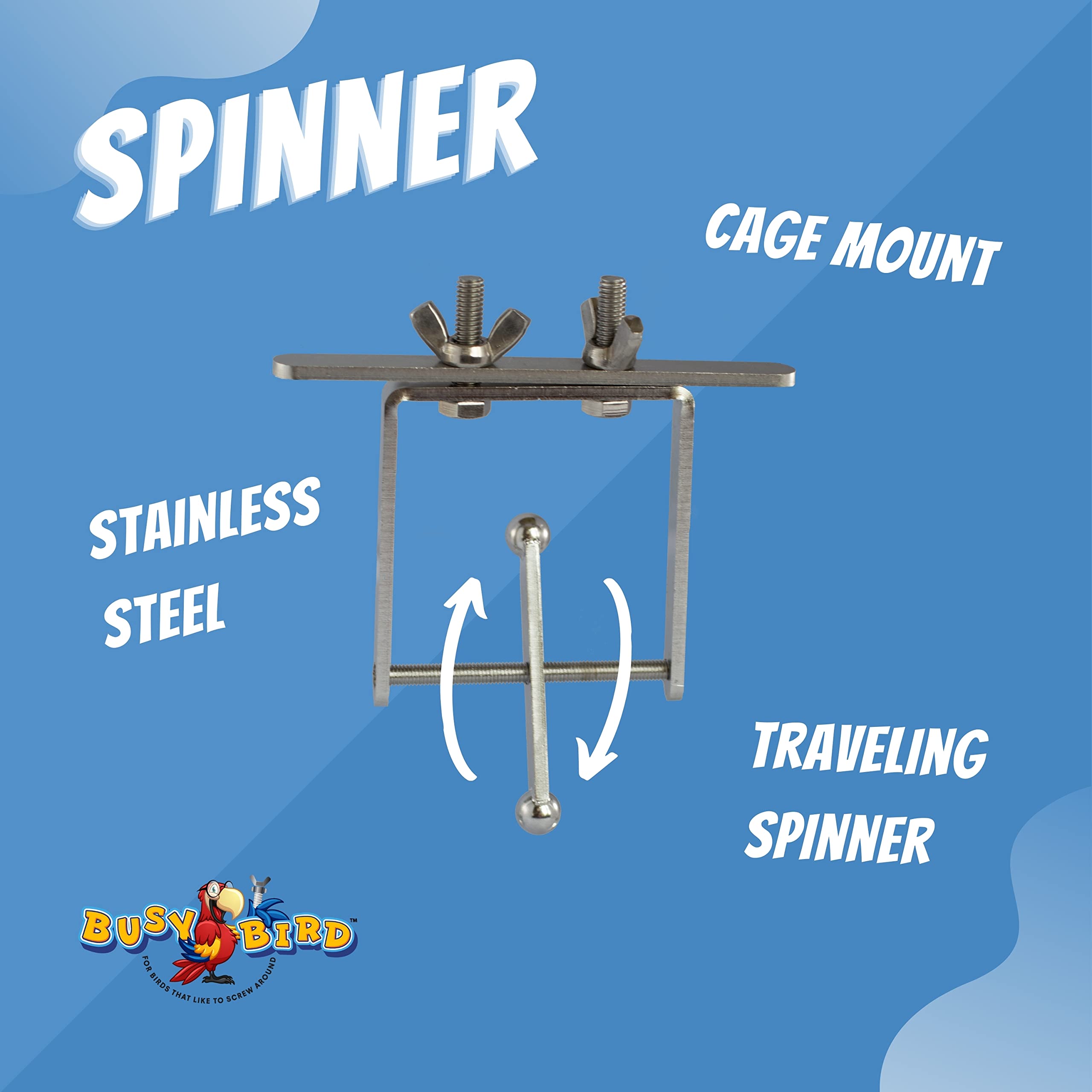 Busy Bird traveling spinner on cage encourages foraging and problem-solving in large parrots.