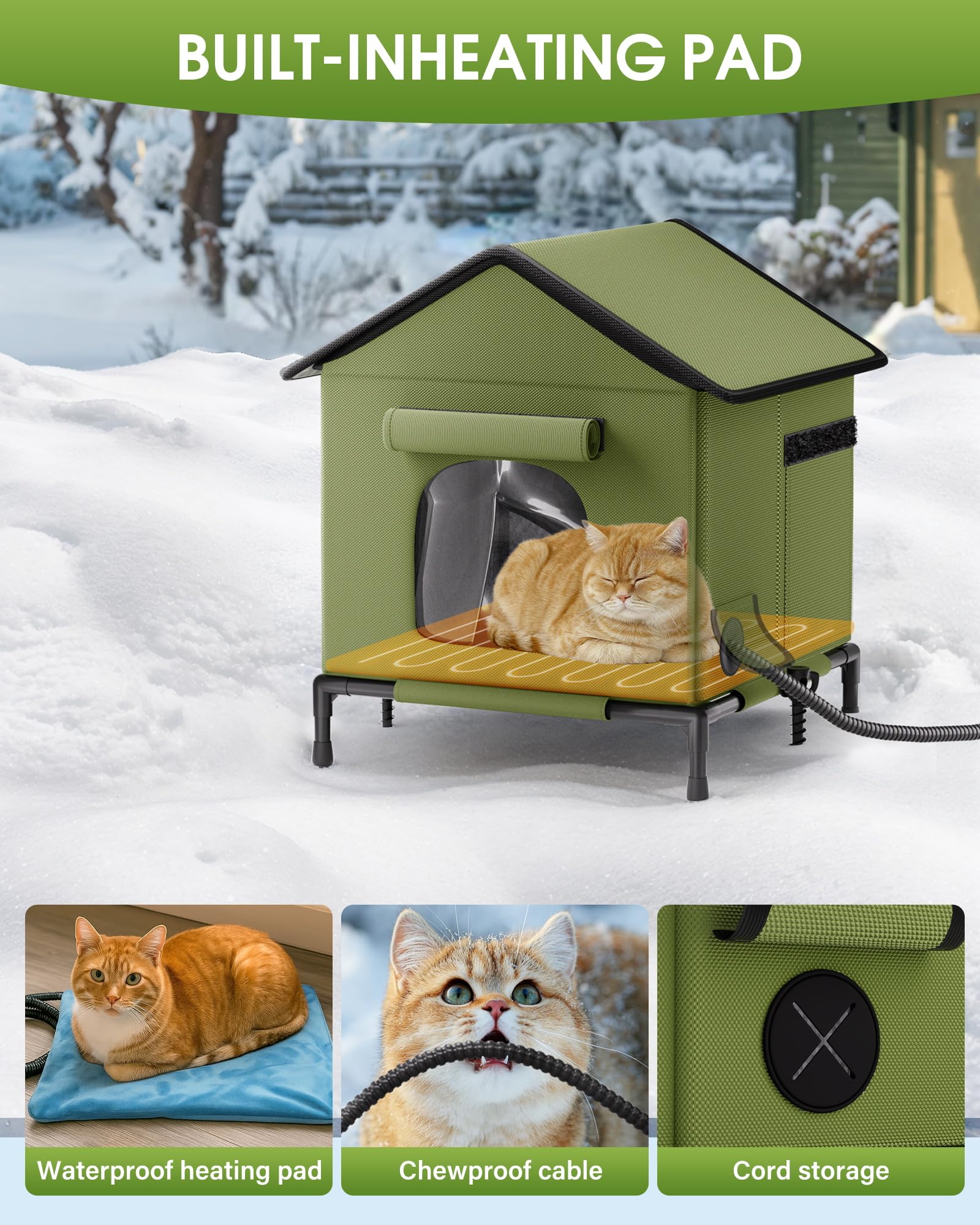 Butifoc heated outdoor cat house elevated dry base keeps paws dry on wet surfaces.