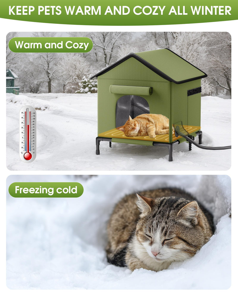 Butifoc heated outdoor cat house on balcony or porch provides sheltered space for outdoor cats.
