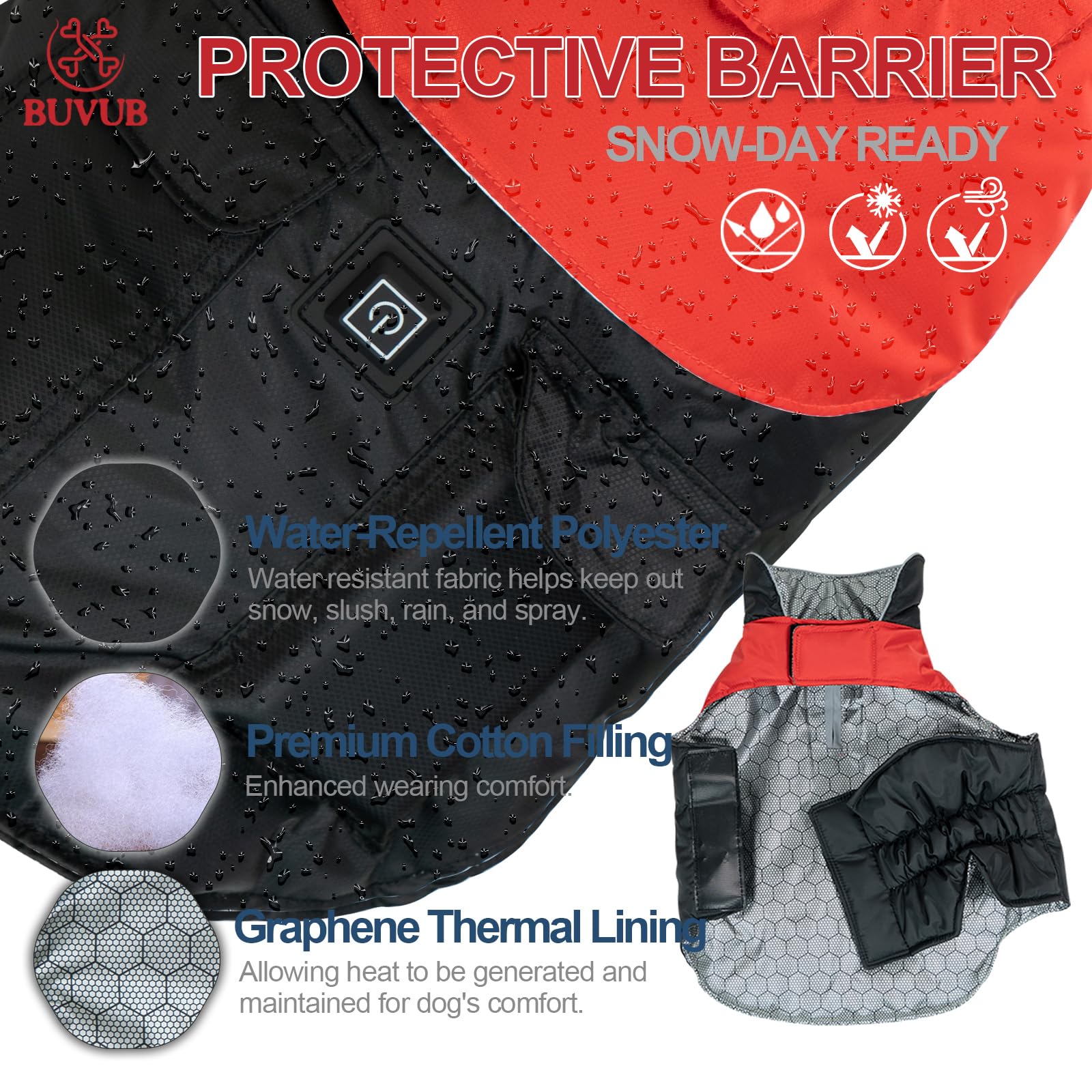 BUVUB heated coat graphene layer delivers efficient heat retention across body.