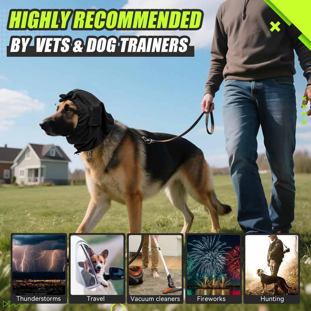 BUWZUJR dog ear muffs shown during vet visits for calmer dogs