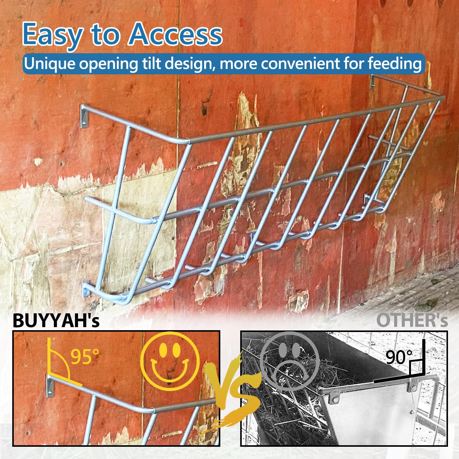 BUYYAH hay feeder with wide openings in an open stall setting.