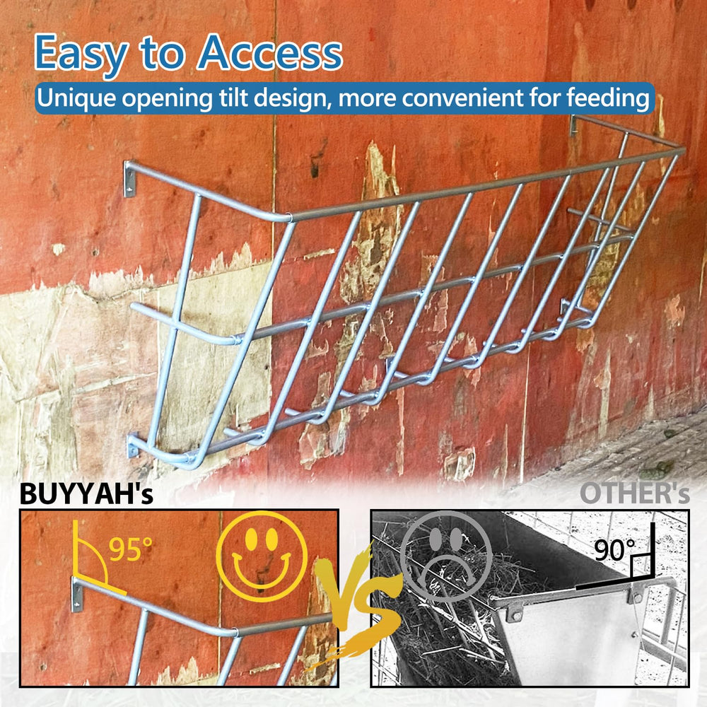 BUYYAH hay feeder with wide openings in an open stall setting.