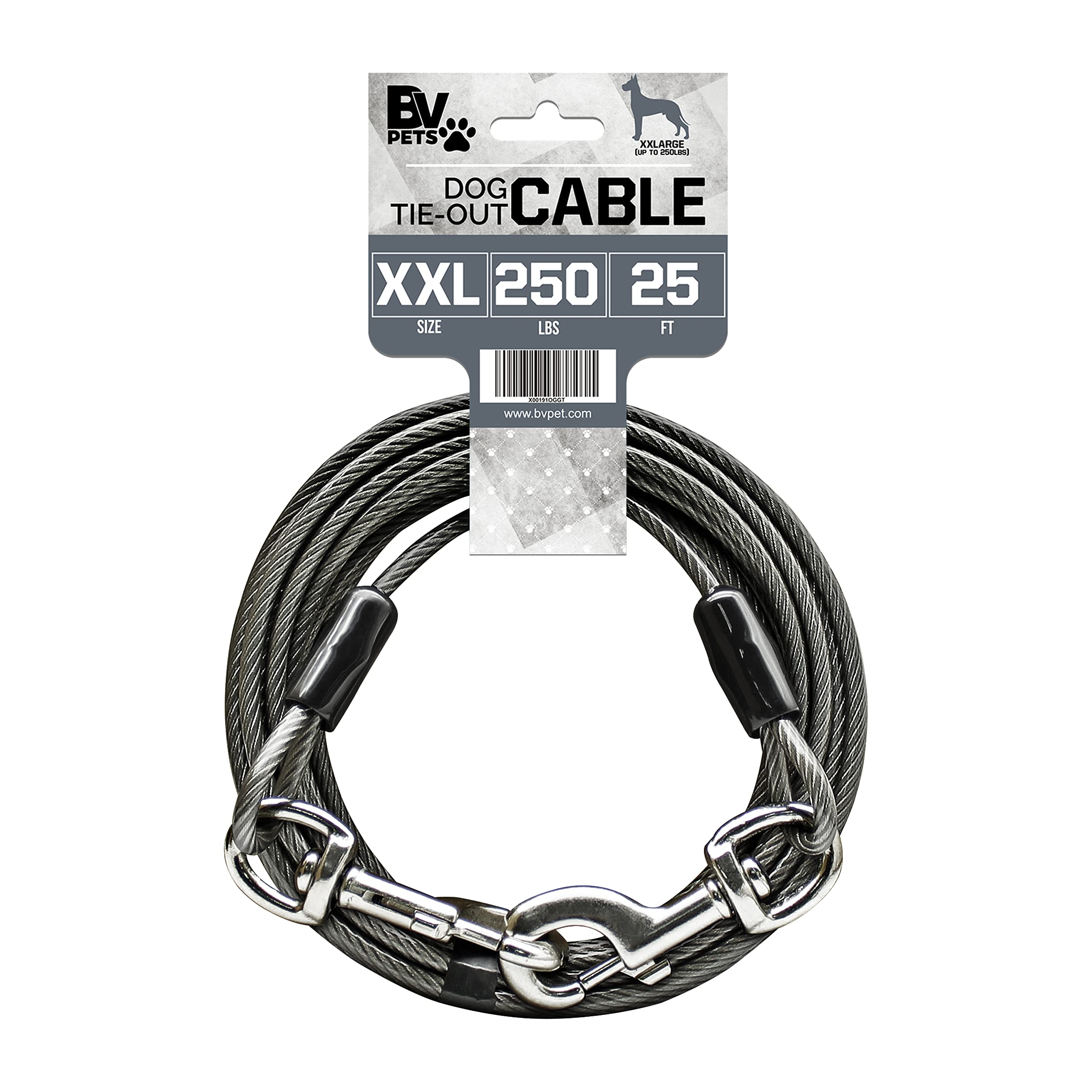 BV Dog Tie Out Cable 25ft with rotating clasp for tangle-free yard freedom.
