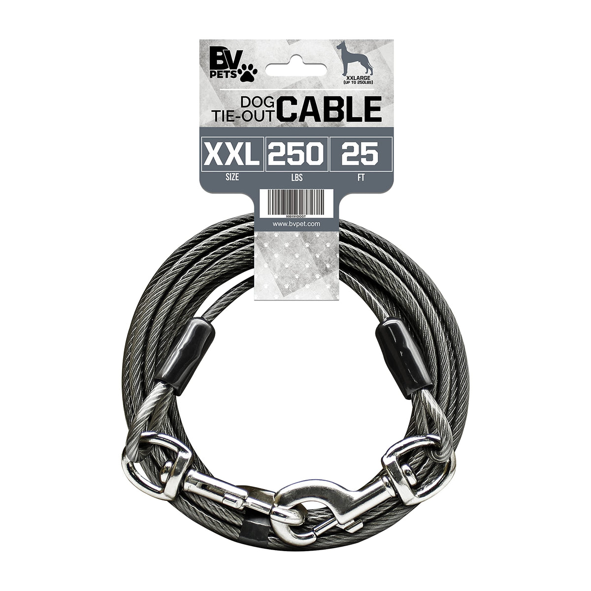 BV Dog Tie Out Cable 25ft with rotating clasp for tangle-free yard freedom.