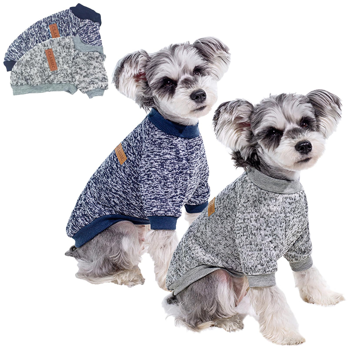 Bwealthest two-pack dog sweaters in navy blue worn by a small dog for warm winter days.
