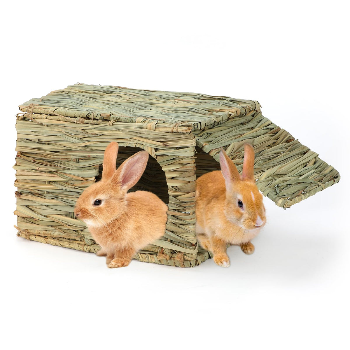 BWOGUE Bunny Grass House natural materials provide a calming hideaway for small pets.