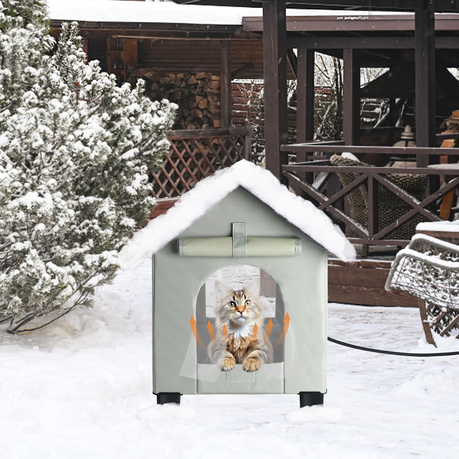 BWOGUE cat house showing chew-resistant wire and safe heating setup