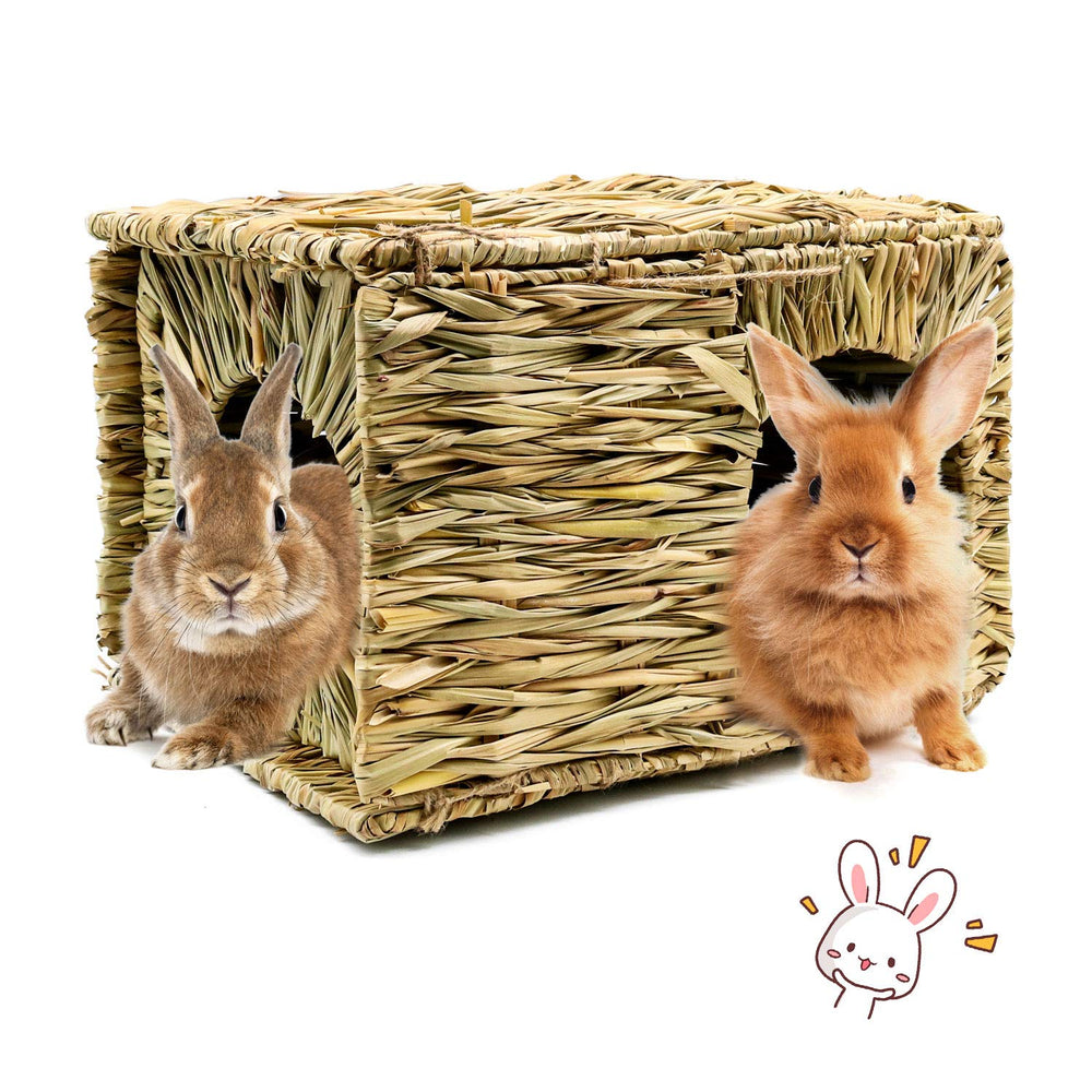 BWOGUE extra large grass house rabbit front view demonstrates natural chew toy and nesting space.