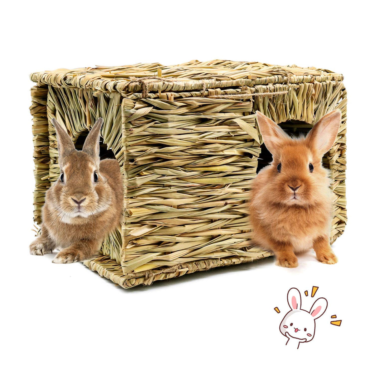 BWOGUE extra large grass house rabbit front view demonstrates natural chew toy and nesting space.