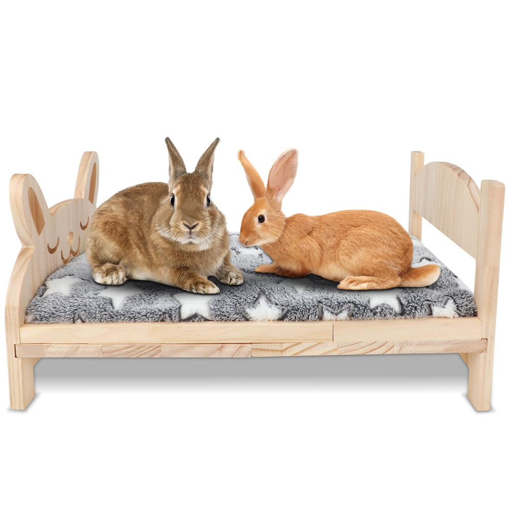 BWOGUE large wooden rabbit bed assembled, sturdy natural wood for shared pet lounging.