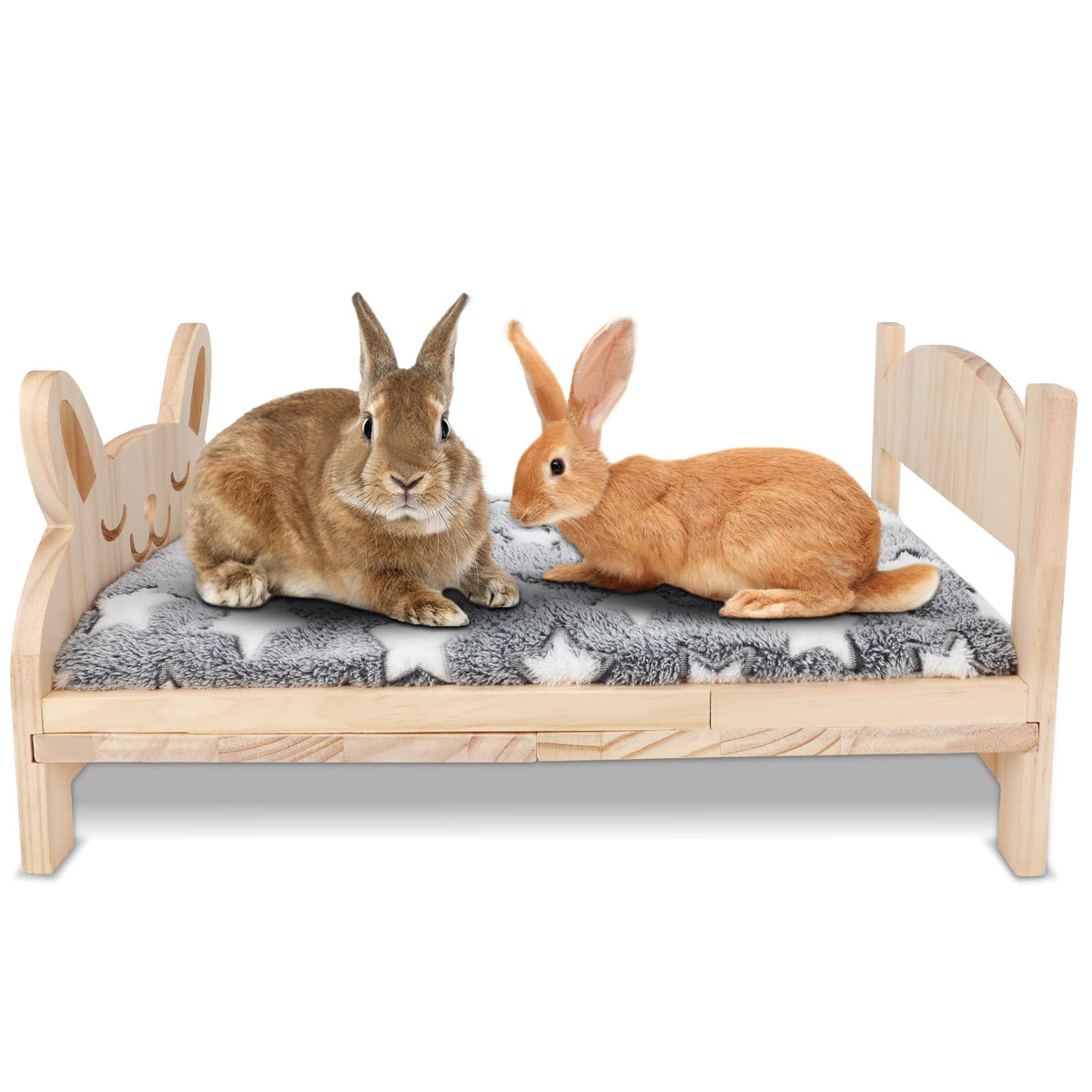 BWOGUE large wooden rabbit bed assembled, sturdy natural wood for shared pet lounging.