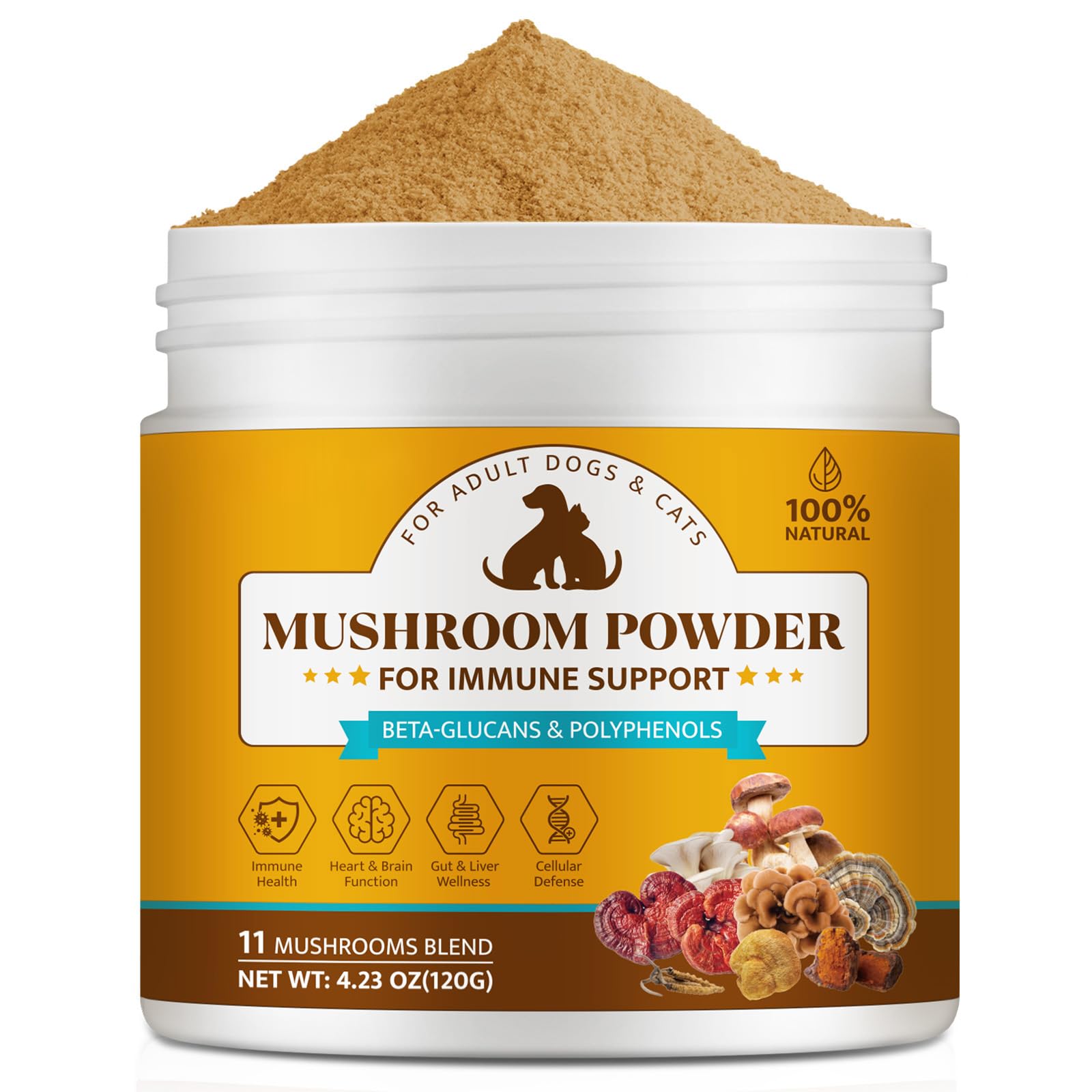 BXRUIAGN Organic Mushroom Powder tub close-up highlighting premium blend for pets.
