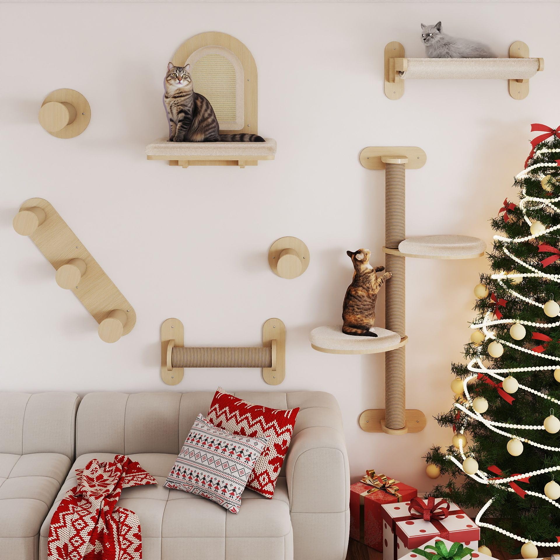 BYBYME 7Pcs cat wall shelves assembly view highlighting space-saving, sturdy wall-mounted playground.