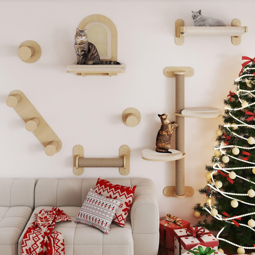 BYBYME 7Pcs cat wall shelves assembly view highlighting space-saving, sturdy wall-mounted playground.